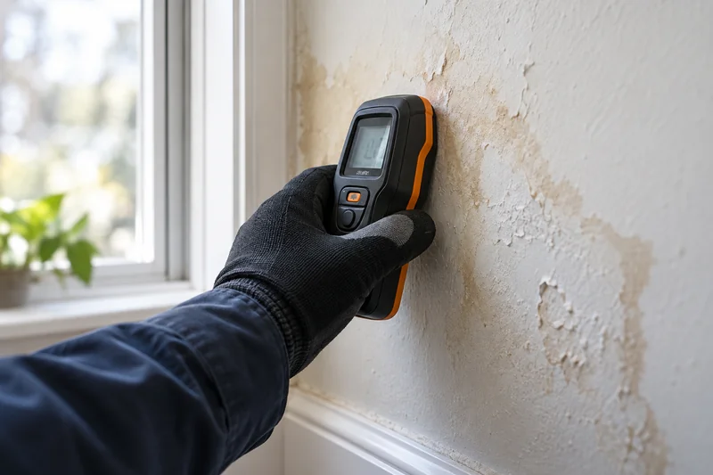 A gloved investigator checking a water-stained wall with a moisture meter.