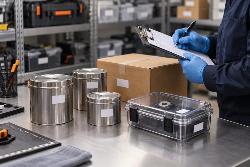 Sealed evidence containers and a clipboard on an organized forensic workbench.